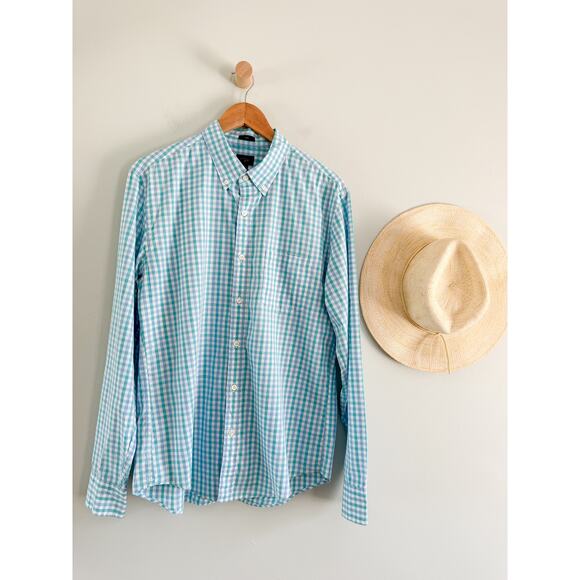 J.CREW Factory | Slim Washed Shirt in Blue Teal Plaid | Sz L - Picture 1 of 10